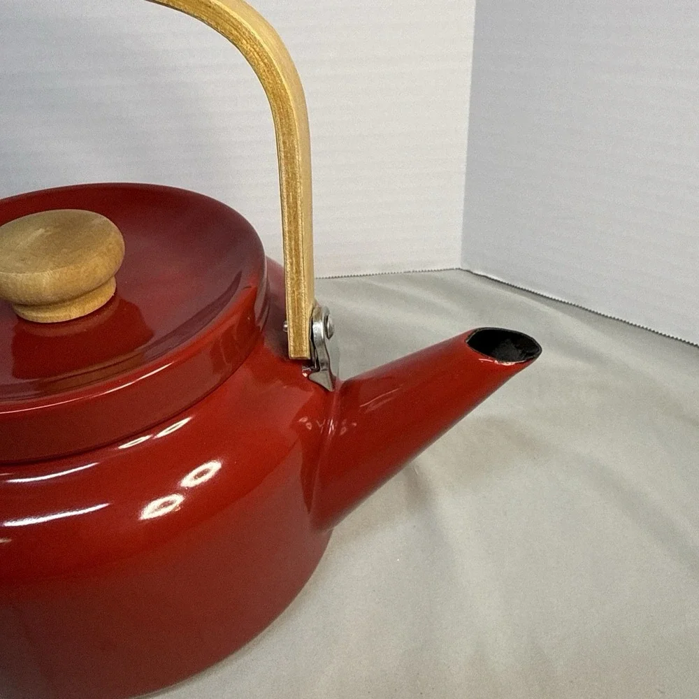 Vintage Mid-Century Modern Red Enamel Stovetop Tea Kettle